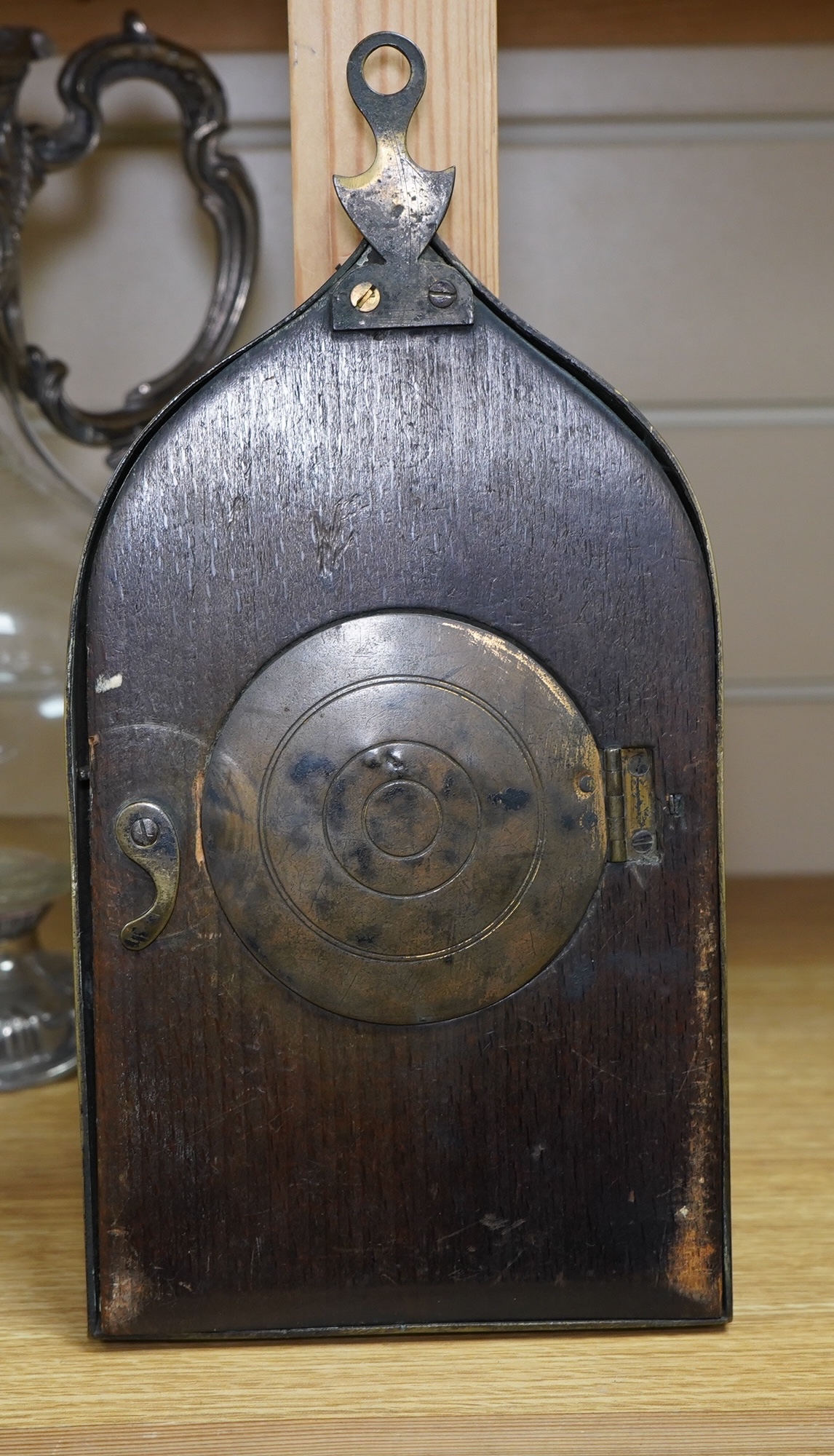 An early 19th century Gothic revival Sedan timepiece with balance escapement movement, applied Tudor rose mounts, with key, 27cm high. Condition - good, untested